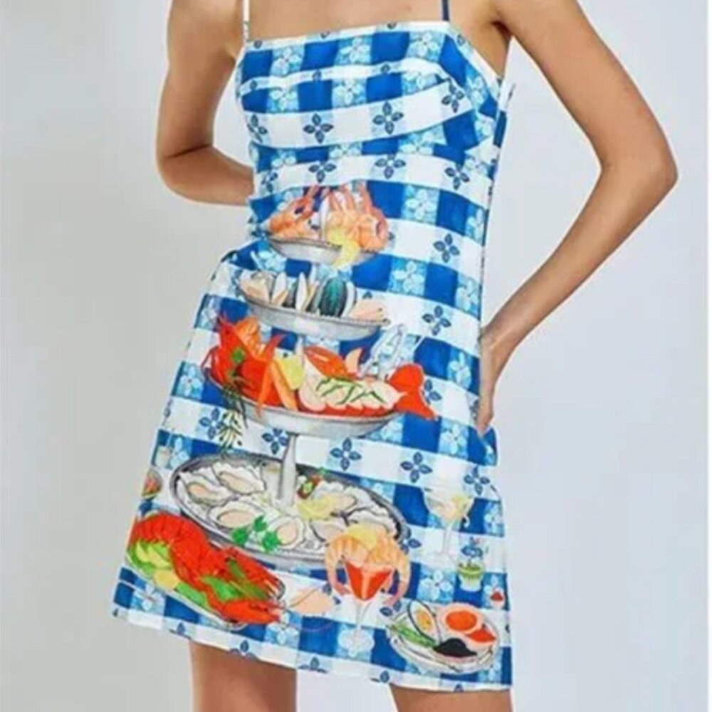 Rachel Antonoff Gwen Seafood Tower Print Mini Dress Blue Check Gingham Floral 0